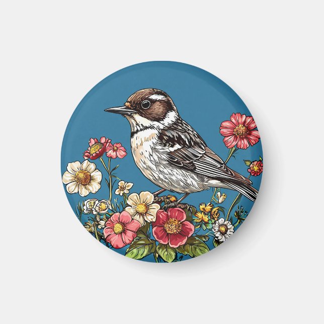 Imán Pájaro enmarcado por flores vibrantes (Frente)