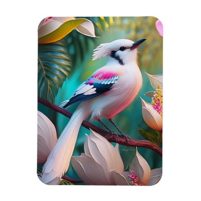 Imán Pájaro Fantasía de Cresta Blanca y Pecho Rosado (Vertical)