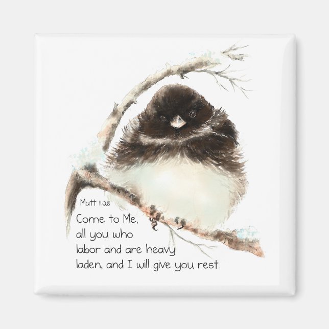 Imán Pájaro Junco Lindo, Escritura, Mateo 11:28, Descan (Frente)