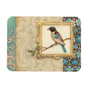 Imán Pájaro marrón y azul en una rama mirando hacia arr