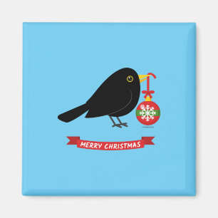 Imán Pájaro Negro Adorable Con Una Bola De Navidad