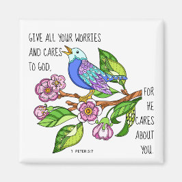 Imán Pájaro pintado, con verso de 1 Peter 5:7
