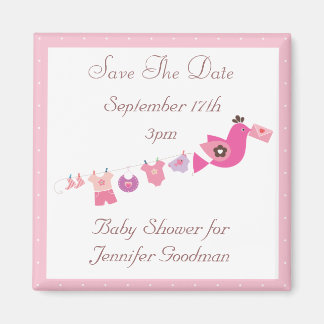 Imán Pájaro y Clothesline Rosa Guardar La Fecha Baby Sh