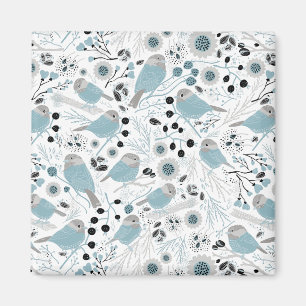 Imán Pájaros Cute de pollo Flores azules grises Berries