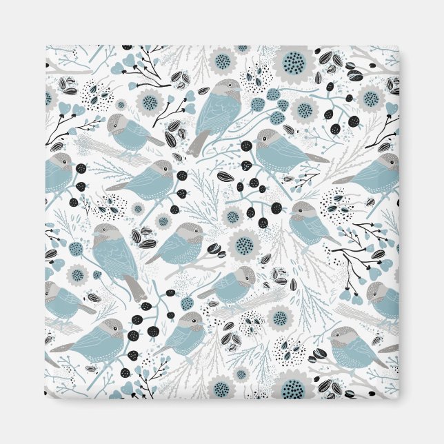 Imán Pájaros Cute de pollo Flores azules grises Berries (Frente)