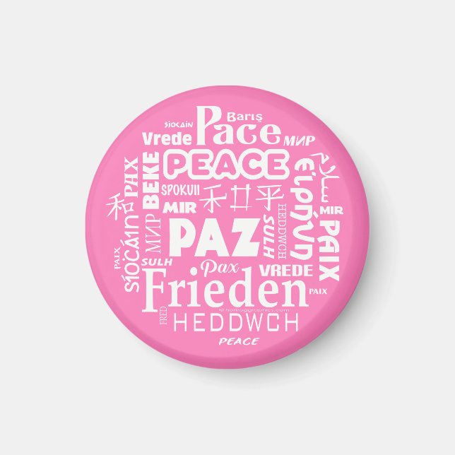 Imán Palabras de paz multilingües en disco de 6 cm (Frente)