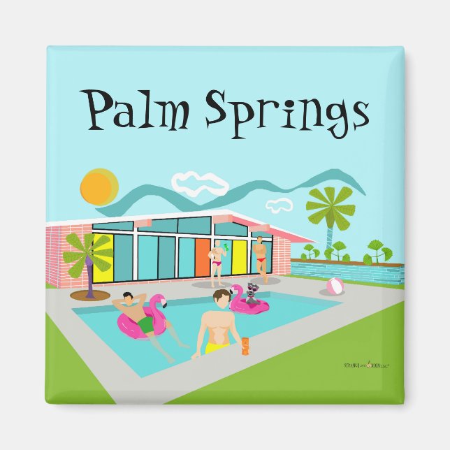 Imán Palm Springs Retro Gay Pink Flamingo Pool Fiesta (Frente)