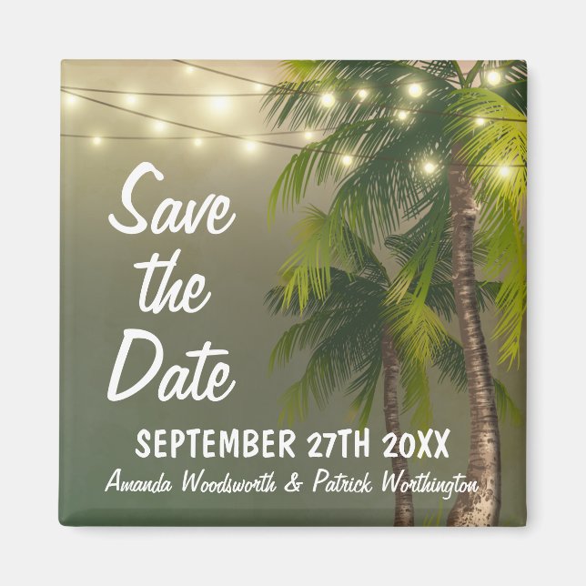 Imán Palm Tree Tropical Beach Lights Save the Date (Frente)