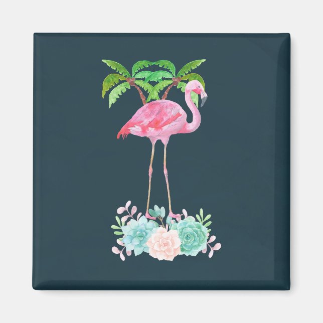Imán Palmeras de Flamingo Rosa y Suculentos Florales (Frente)