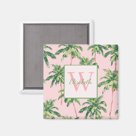 Imán Palmeras tropicales en monograma rosa