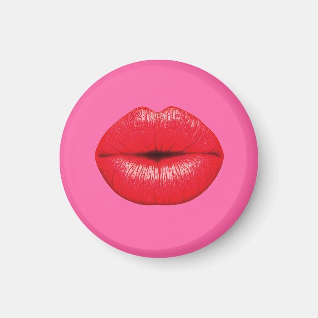 Imán Palo de labios rojos de arte pop grande sobre rosa (Frente)