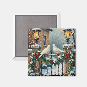 Imán Palomas de invierno vintage en la puerta iluminada