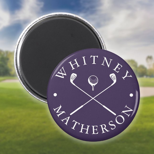 Imán Palos de Golf Modernos con Nombre Personalizado Mo (Modern Custom Name Golf Clubs Purple And White Magnet)