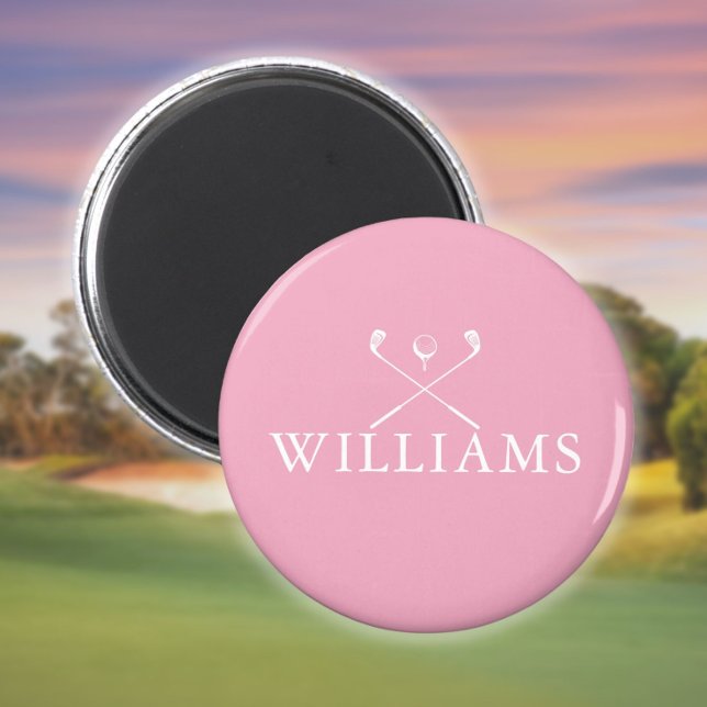 Imán Palos de golf personalizados con nombre en rosa (Personalized Pink Name Golf Clubs Magnet)