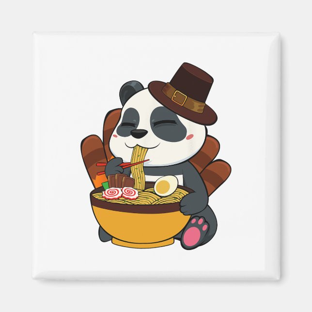 Imán Panda comiendo comida japonesa el día de Acción de (Frente)