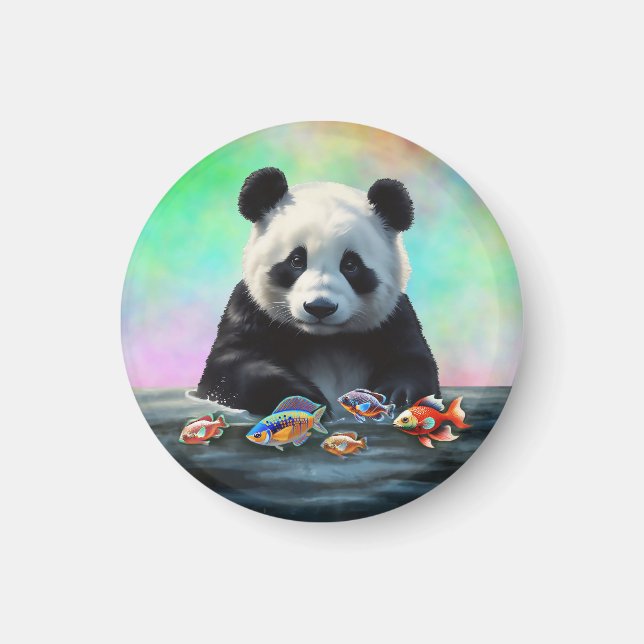 Imán Panda mira a peces nadadores coloridos (Frente)