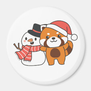 Imán Panda Rojo Con Snowman En Invierno Para Los Navida
