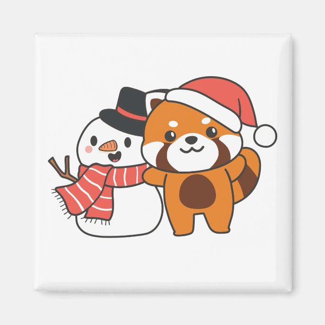 Imán Panda Rojo Con Snowman En Invierno Para Los Navida (Frente)