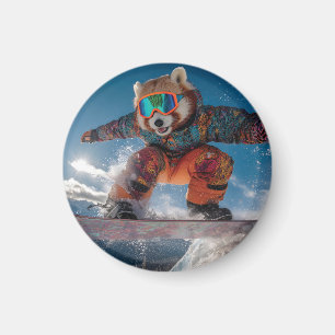 Imán Panda Rojo Snowboard en un colorido traje de nieve