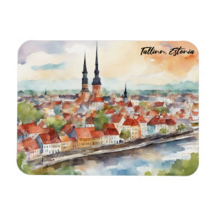 Imán Panorama de pintura en acuarela de Tallin Estonia 