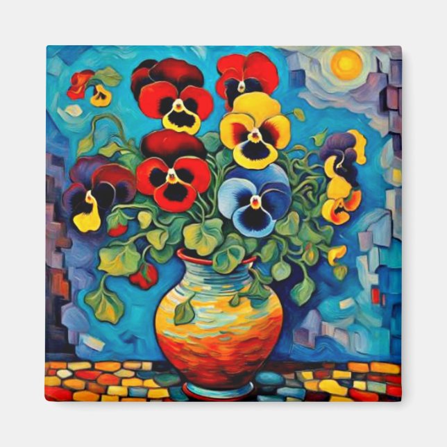 Imán Pansies mixtos en jarrón (Frente)