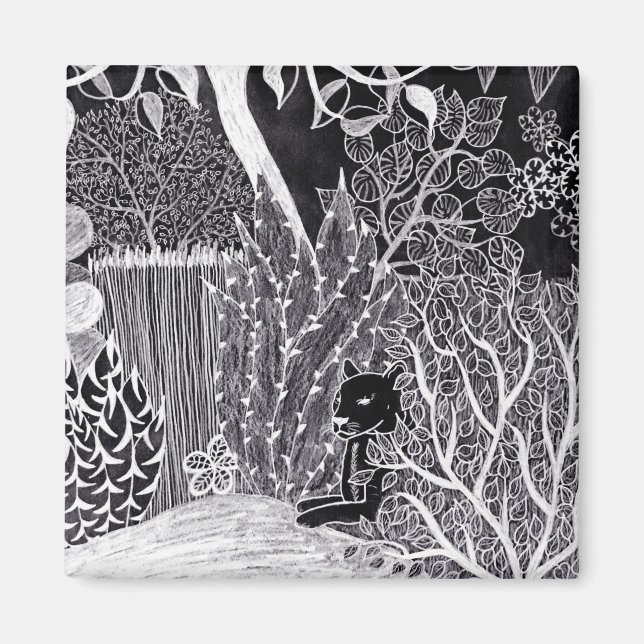 Imán Pantera negra en la jungla - dibujo a lápiz (Frente)