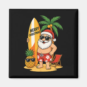 Imán Papá Noel Divertido Surfando Playa de Verano Navid