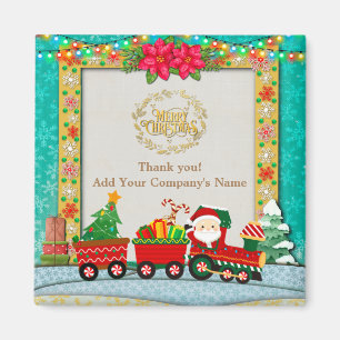 Imán Papá Noel en tren con regalos y árbol de Navidad