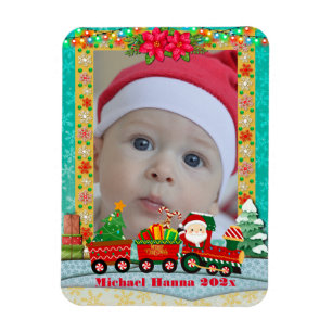 Imán Papá Noel en tren con regalos y árbol de Navidad