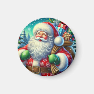 Imán Papá Noel festivo sosteniendo una bolsa de regalos