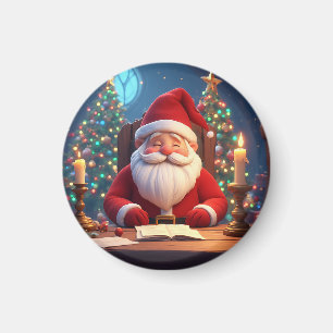 Imán Papá Noel leyendo un libro a la luz de una vela