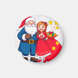 Imán Papá Noel y niña con una bolsa de regalos