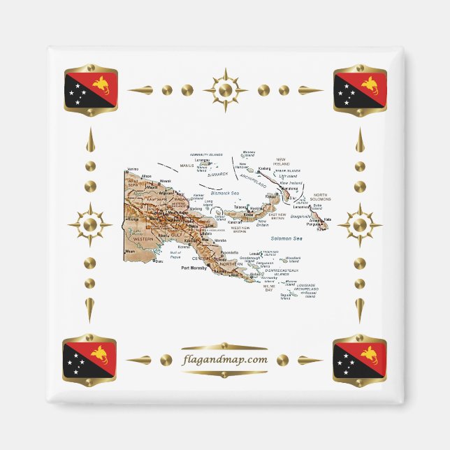 Imán Papua New Guinea Map + Flags Magnet (Frente)