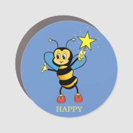 Imán Para Coche Cute Feliz Abeja de Miel con Estrella sobre Azul C