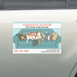 Imán Para Coche Perros y gatos Mascotas sentados en el cuidado de<br><div class="desc">Un divertido imán de auto promocional para tu negocio de cuidado de mascotas. Un ilustracion lindo de un perro atormentado, un gato naranja tabby sentado como una persona, y un terrateniente tonto. Añade tu número de teléfono, sitio web y más información para atraer clientes potenciales. Este dibujo humorístico está disponible...</div>