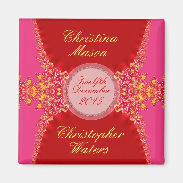 Imán para recuerdos de boda de seda roja y rosa +  (Frente)