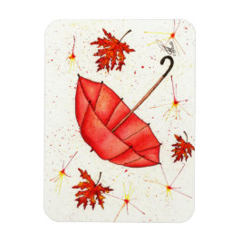 Imán Paraguas rojos luminosos y hojas rojas acuarela