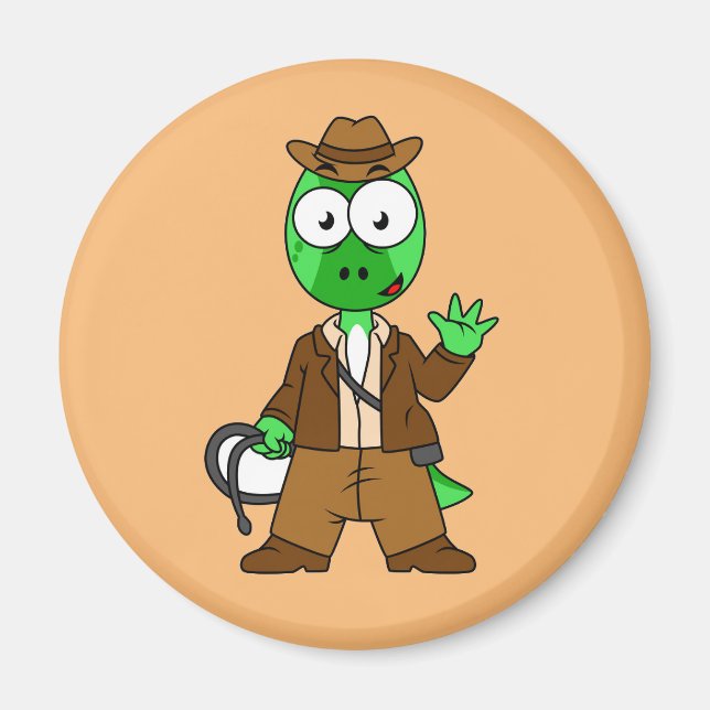 Imán Parasaurolophus Vestido Como Indiana Jones. (Frente)