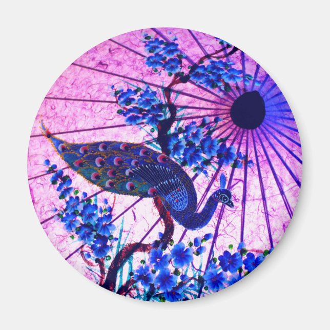 Imán Parasol oriental pavo real, flores de cerezo japon (Frente)
