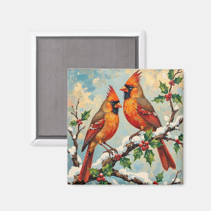 Imán Pare de cardenales vintage en rama de acebo nevada