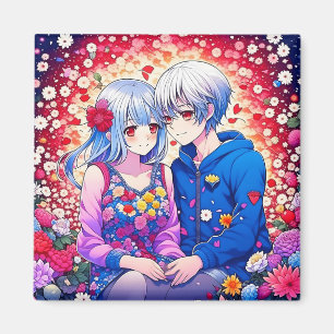 Imán Pareja de anime, flores y corazones
