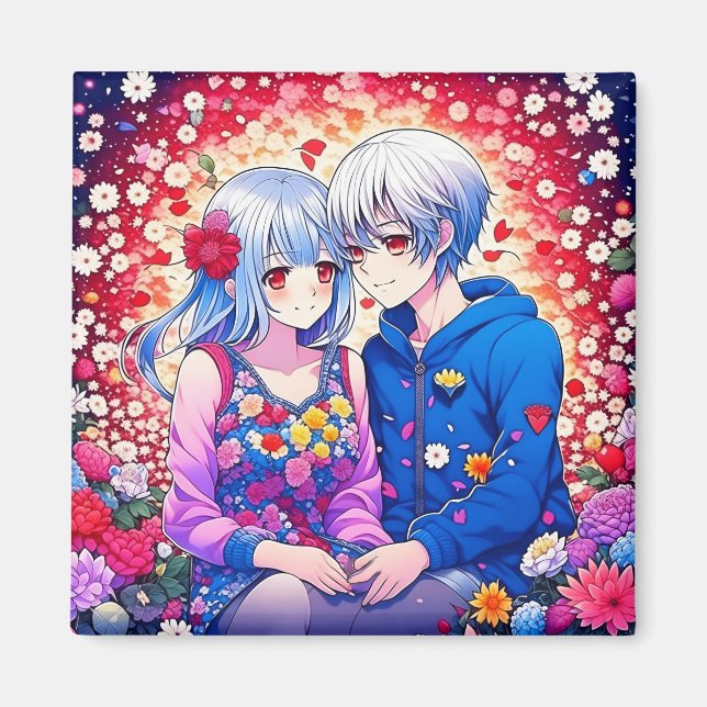 Imán Pareja de anime, flores y corazones (Frente)