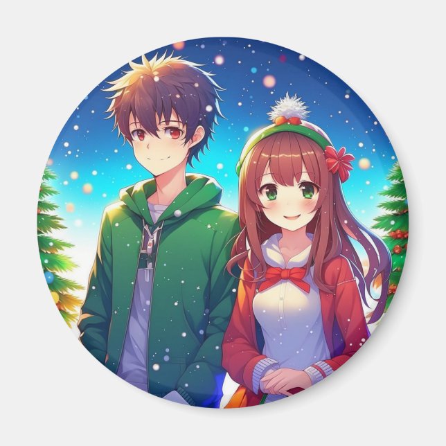 Imán Pareja de Anime Lindo en Navidad (Frente)