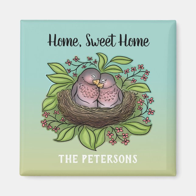 Imán Pareja de aves amorosas en casa dulce hogar Nest (Frente)