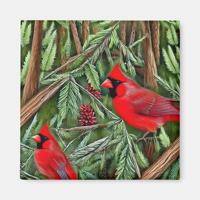 Imán Pareja de majestuosos cardenales rojos salvajes (Frente)