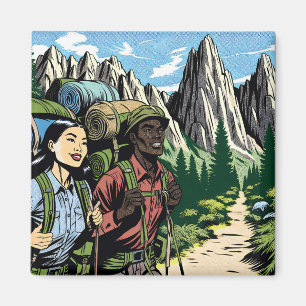 Imán Pareja de mochileros caminando por sendero a travé