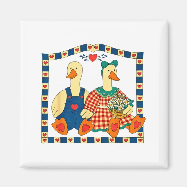 Imán Pareja de patos de arte popular con flores granja  (Frente)