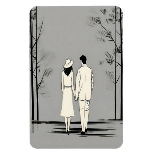 Imán Pareja Romántica Paseando Arte de Línea Minimalist