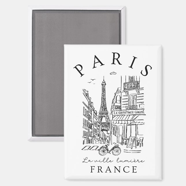 Imán Paris France –  Sketch with Eiffel Tower & Café (Anverso/Reverso)
