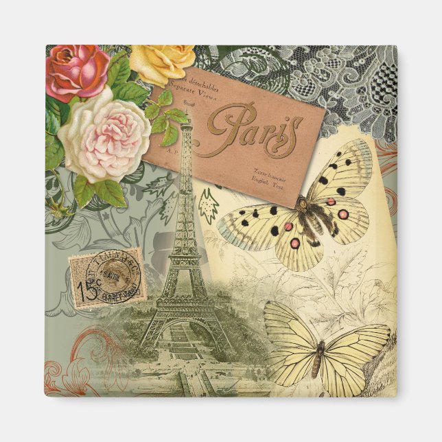 Imán París Francia Collage de arte antiguo Eiffel Franc (Frente)